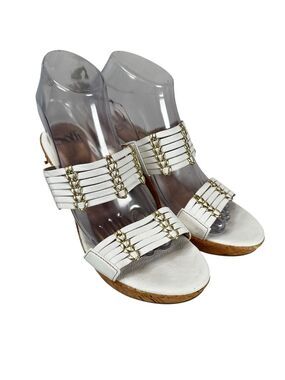 Sofft White Leather Cork Heels Womens 8M Strappy Sandals Gold Comfort